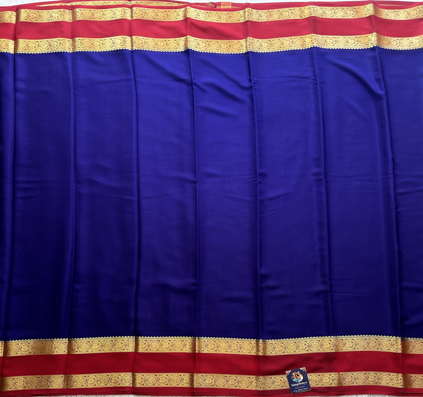 Navy Blue Mysore Crepe Silk Saree with Silver Zari Border | Pure Handloom | Silk Mark Certified - Sampradaya Designer Studio