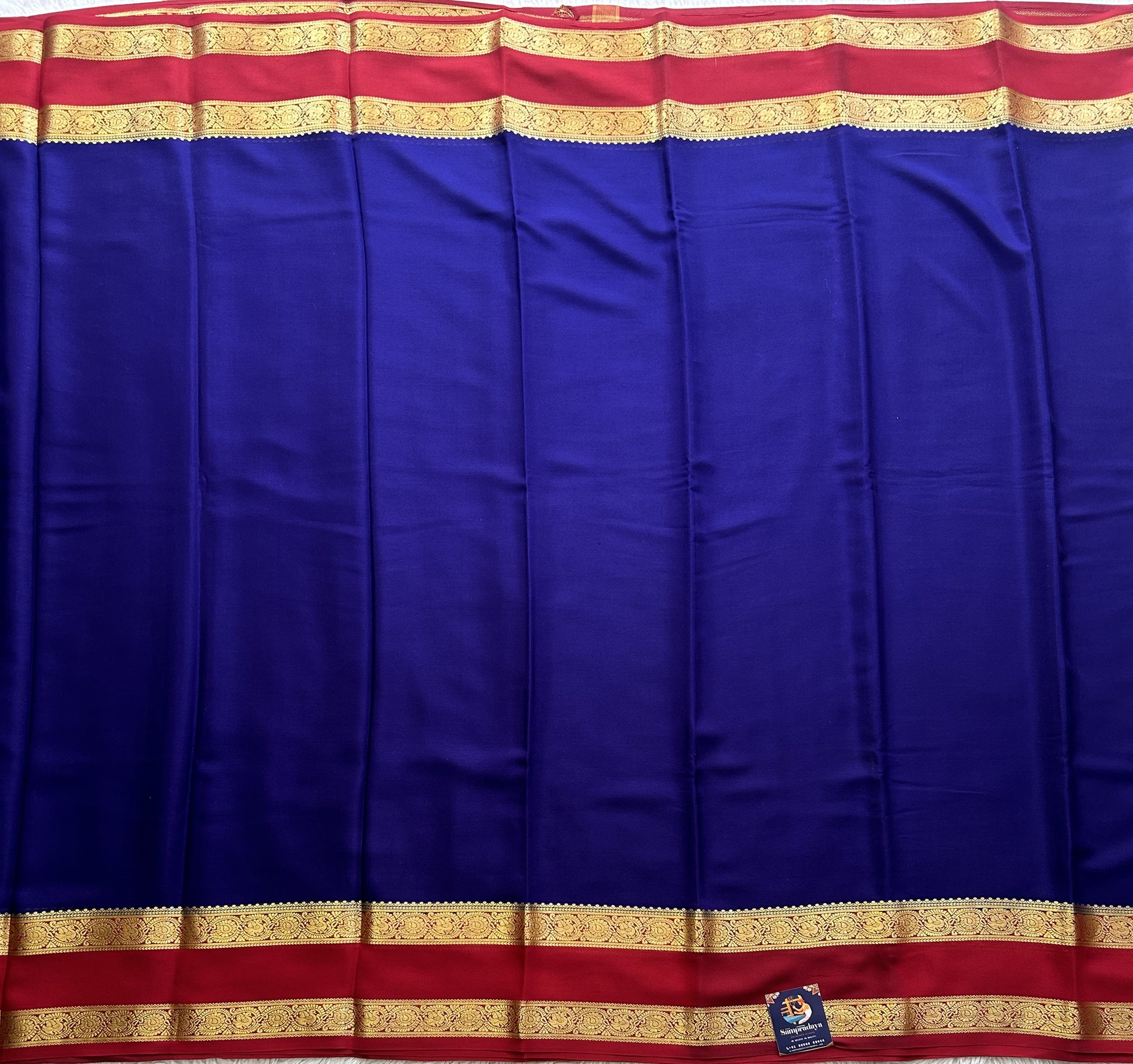 Navy Blue Mysore Crepe Silk Saree with Silver Zari Border | Pure Handloom | Silk Mark Certified - Sampradaya Designer Studio