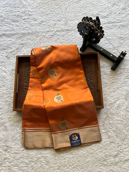Chanderi Silk Saree Orange color Elegantly Paired with a Plain border - Sampradaya Designer Studio
