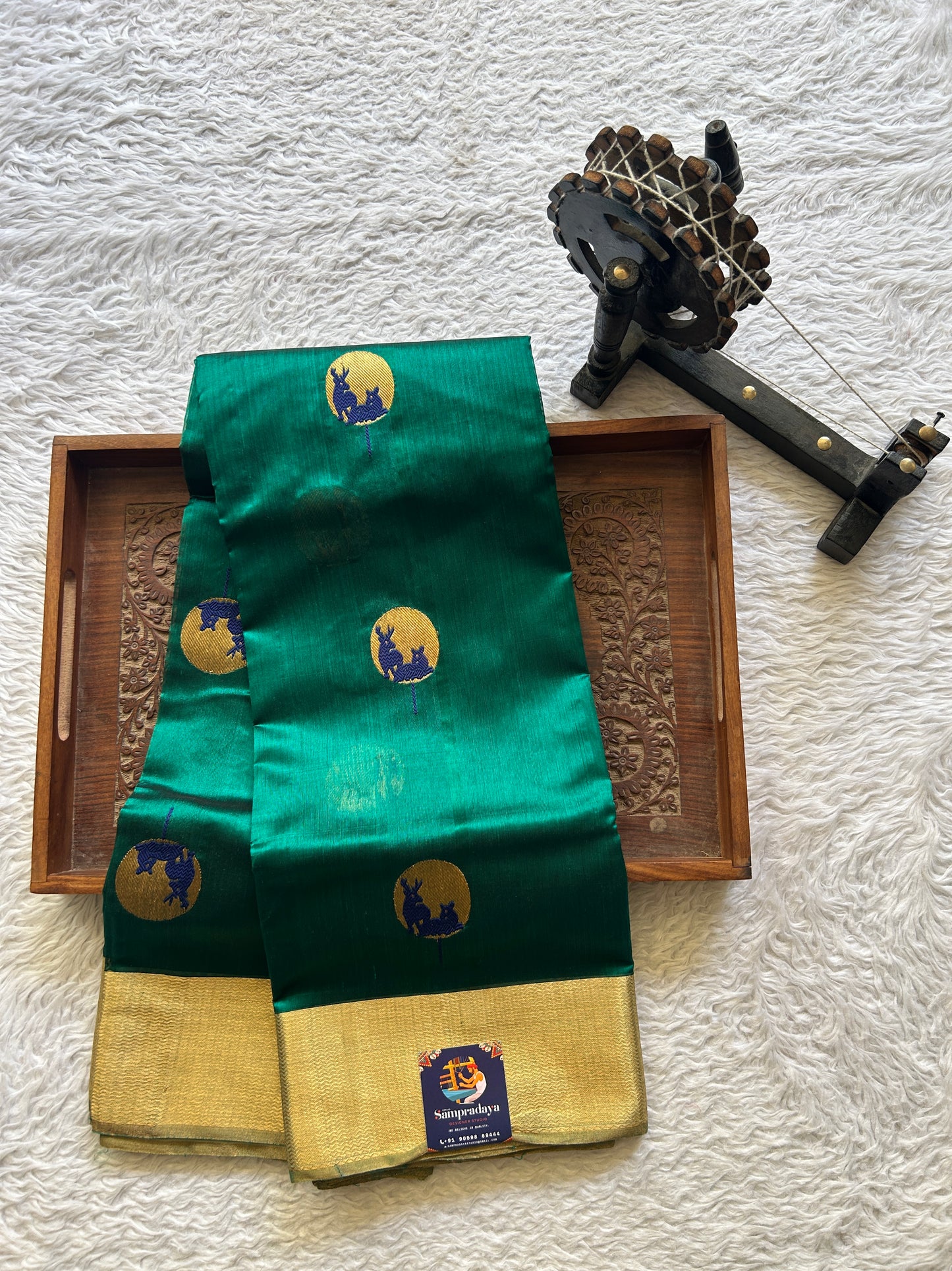 Chanderi Silk Saree Peacock Green  color Elegantly Paired Gold Zari border - Sampradaya Designer Studio