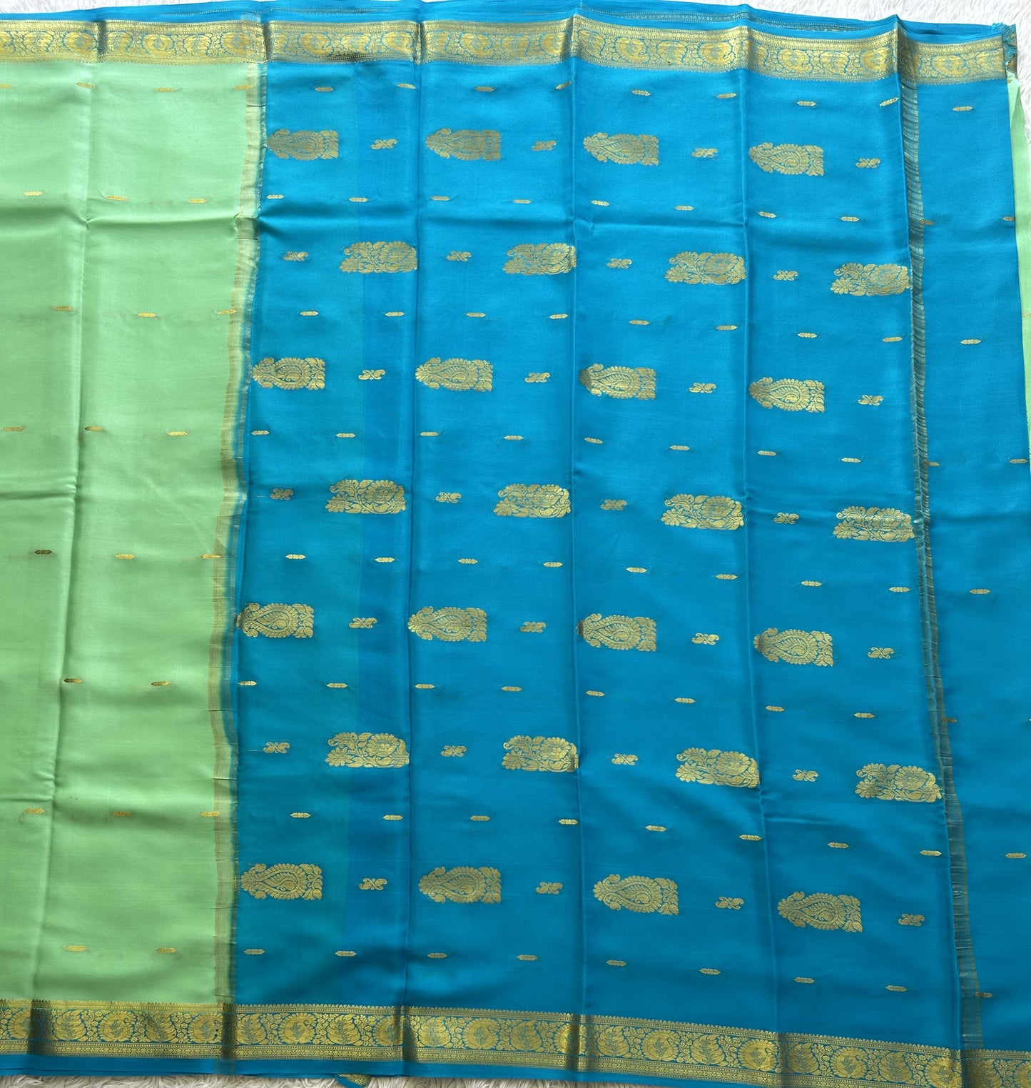 Sea Green Mysore Crepe Silk Saree with Silver Zari Border | Pure Handloom | Silk Mark Certified