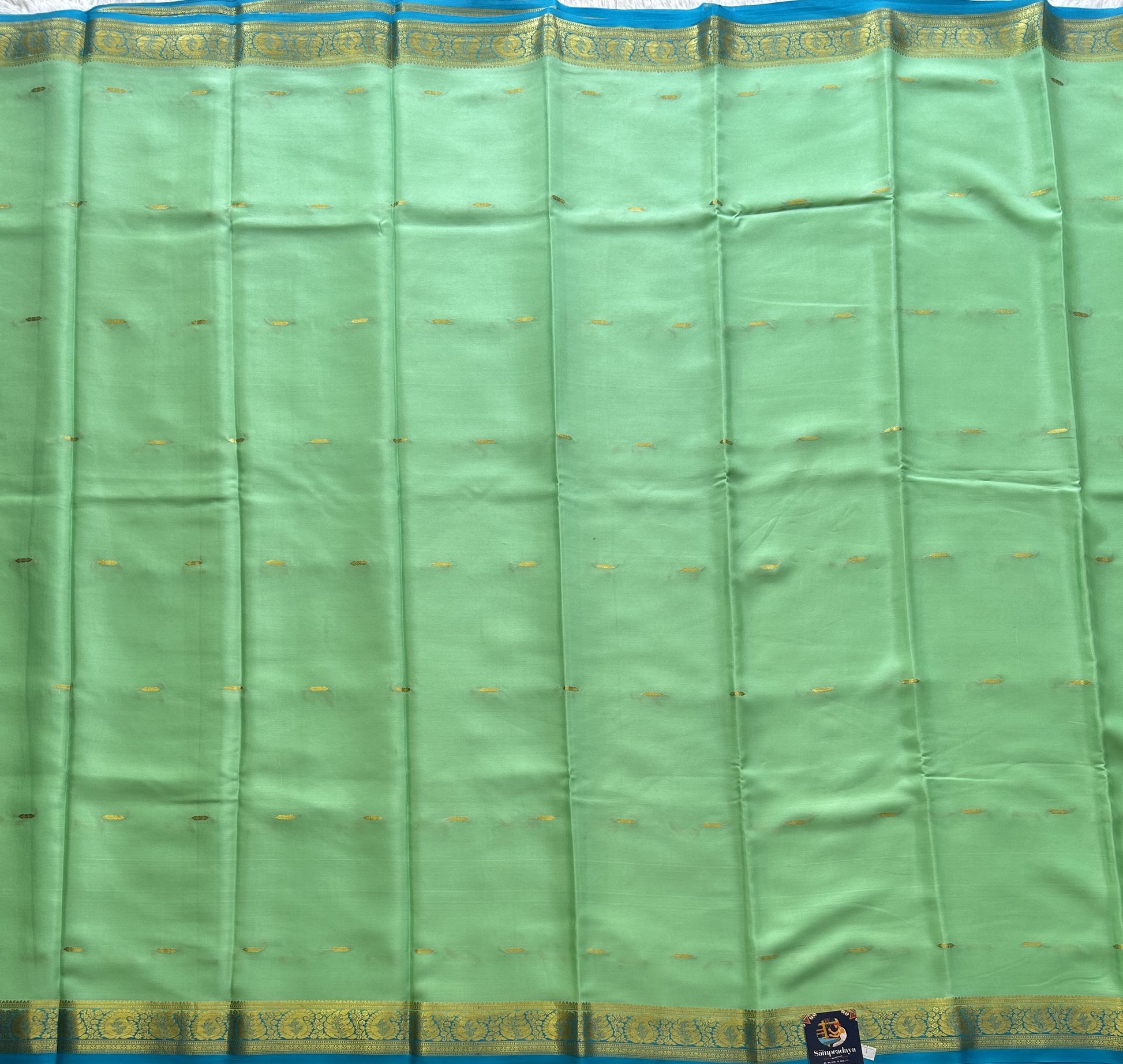 Sea Green Mysore Crepe Silk Saree with Silver Zari Border | Pure Handloom | Silk Mark Certified - Sampradaya Designer Studio