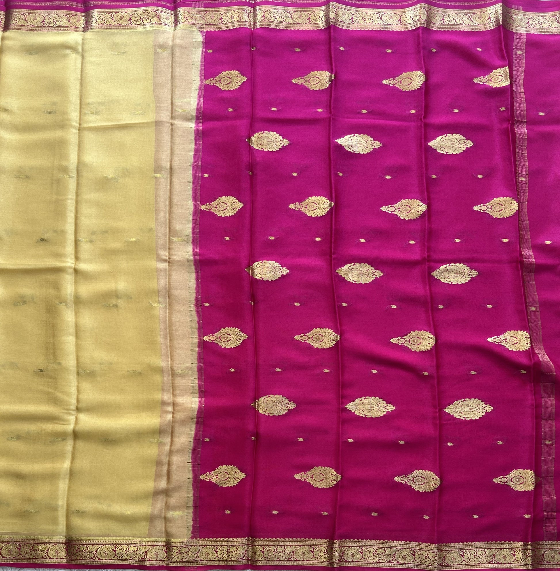 Lemon Yellow Mysore Crepe Silk Saree with Silver Zari Border | Pure Handloom | Silk Mark Certified - Sampradaya Designer Studio
