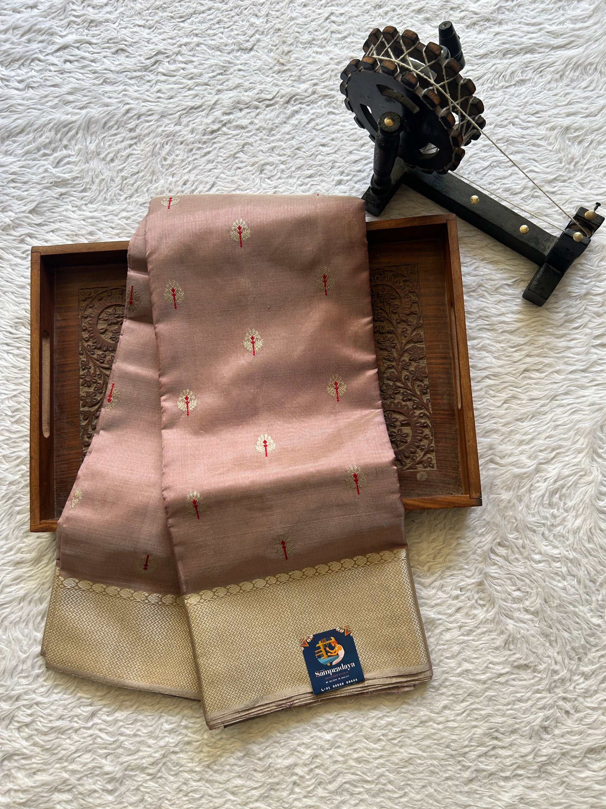 Chanderi Silk Saree Dusty Mauve color Elegantly Paired with a Gold Zari border - Sampradaya Designer Studio