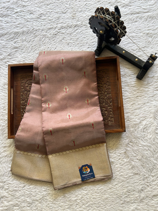 Chanderi Silk Saree Dusty Mauve color Elegantly Paired with a Gold Zari border - Sampradaya Designer Studio