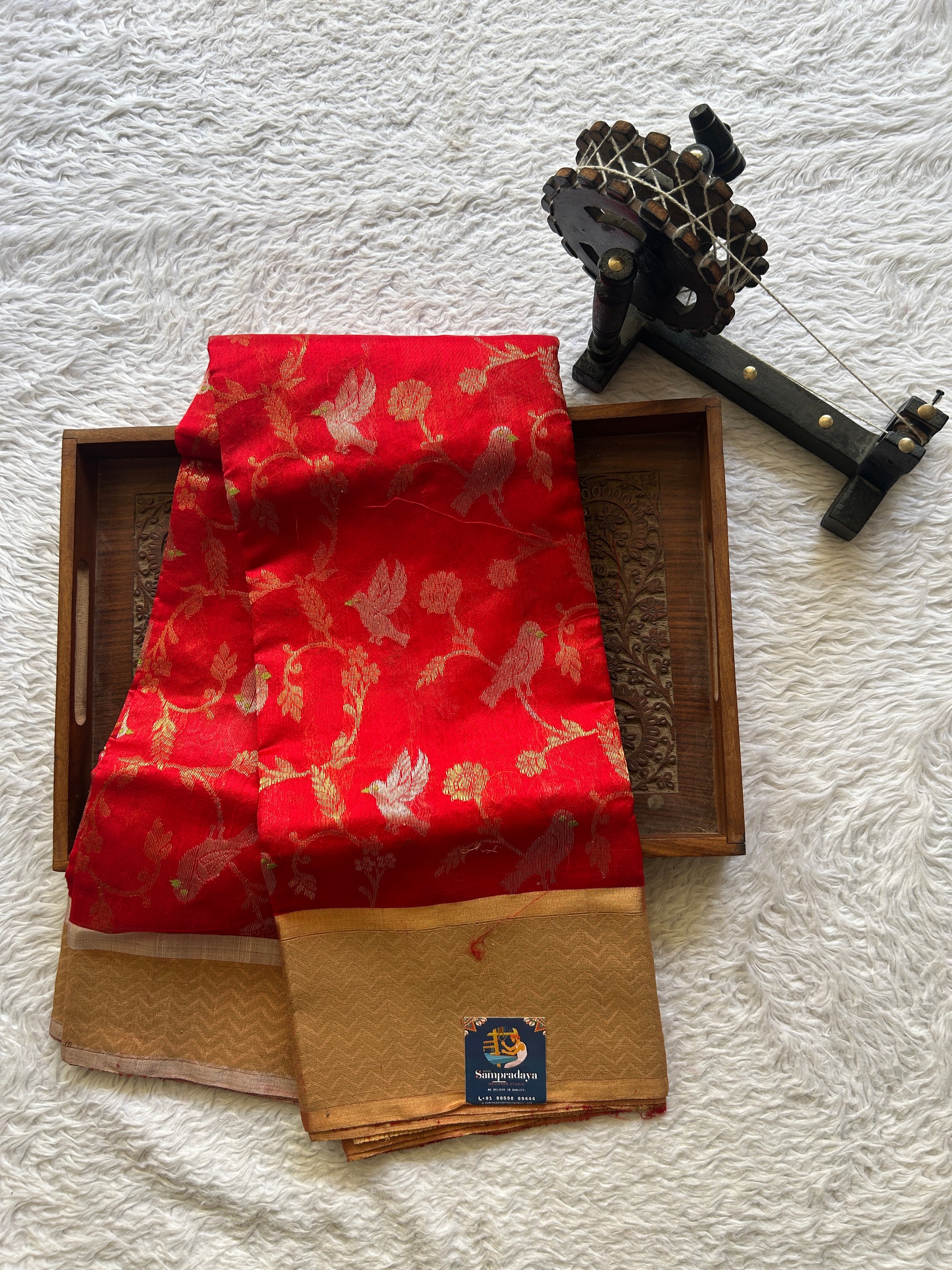 Chanderi Silk Saree Red color Elegantly Paired with a Gold Zari  border - Sampradaya Designer Studio