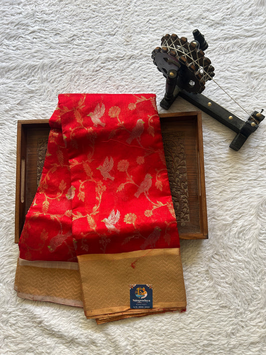 Chanderi Silk Saree Red color Elegantly Paired with a Gold Zari  border - Sampradaya Designer Studio