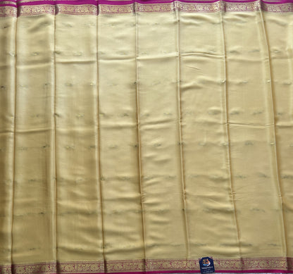 Lemon Yellow Mysore Crepe Silk Saree with Silver Zari Border | Pure Handloom | Silk Mark Certified