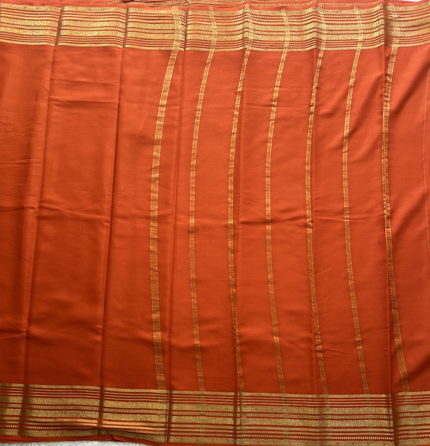 Orange Mysore Crepe Silk Saree with Silver Zari Border | Pure Handloom | Silk Mark Certified