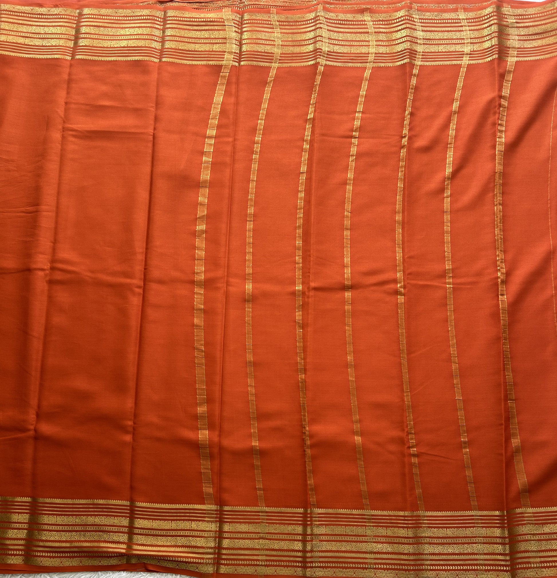 Orange Mysore Crepe Silk Saree with Silver Zari Border | Pure Handloom | Silk Mark Certified - Sampradaya Designer Studio