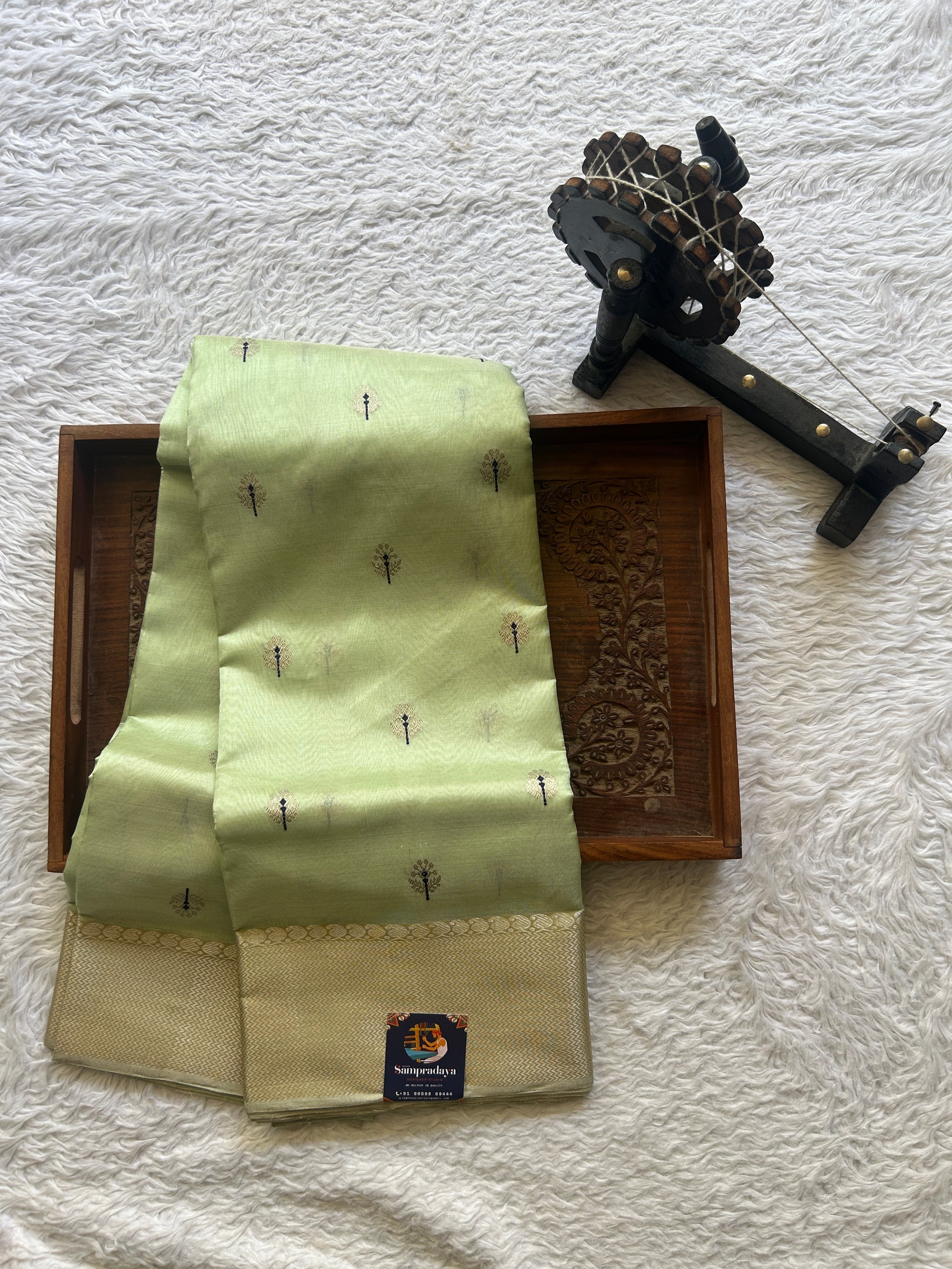 Chanderi Silk Saree Light Green color Elegantly Paired with a Gold Zari Weaving border - Sampradaya Designer Studio