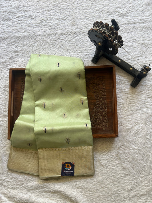 Chanderi Silk Saree Light Green color Elegantly Paired with a Gold Zari Weaving border - Sampradaya Designer Studio