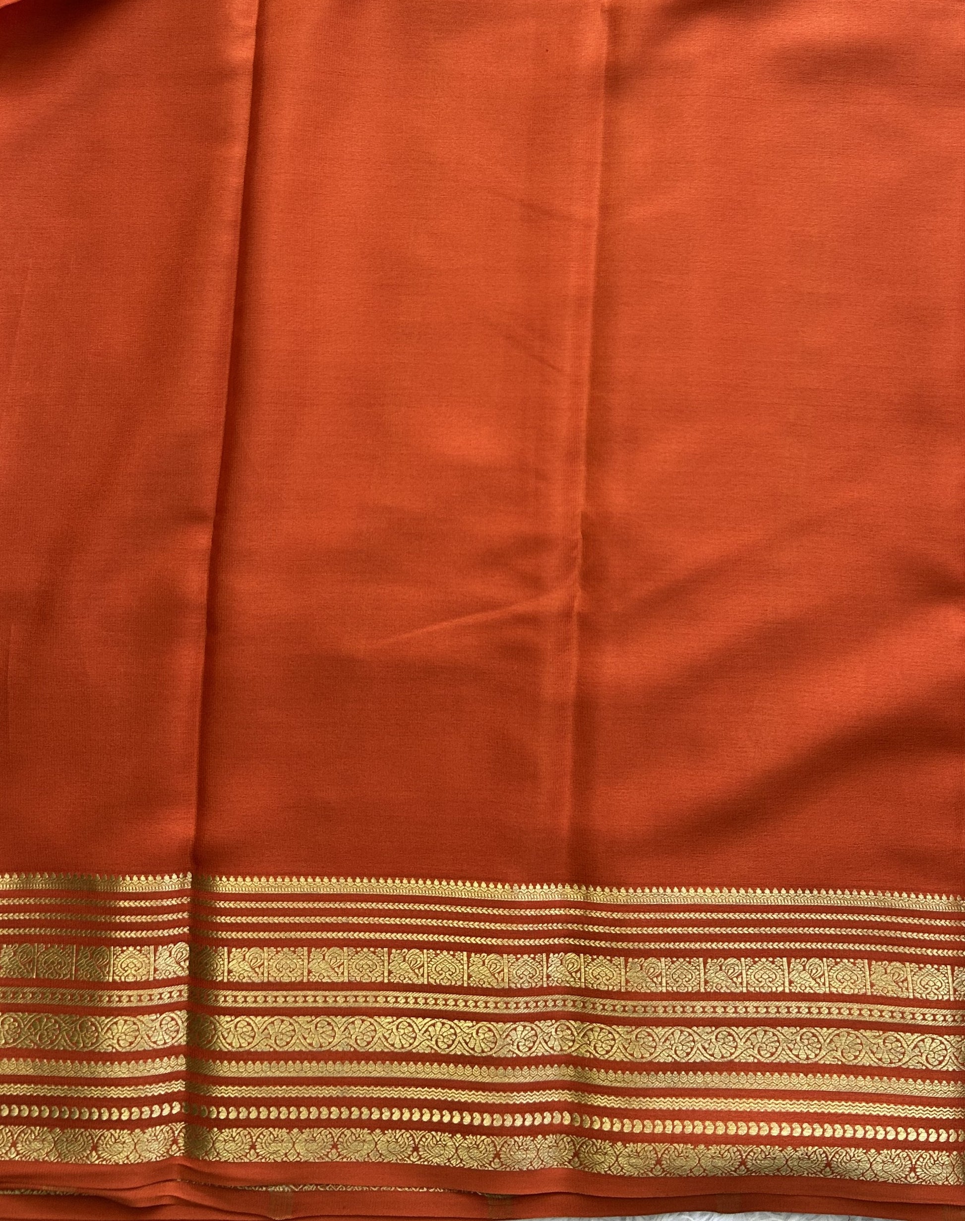 Orange Mysore Crepe Silk Saree with Silver Zari Border | Pure Handloom | Silk Mark Certified - Sampradaya Designer Studio
