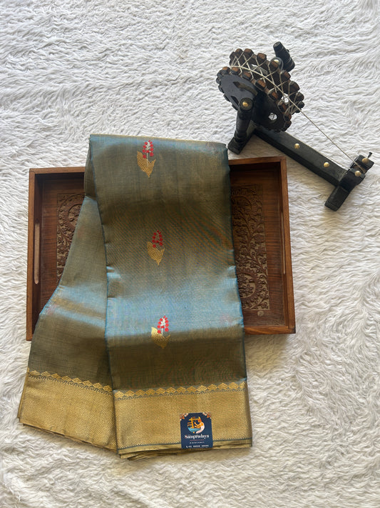 Chanderi Silk Saree Surf Blue color Elegantly Paired with a Gold Zari Weaving border - Sampradaya Designer Studio