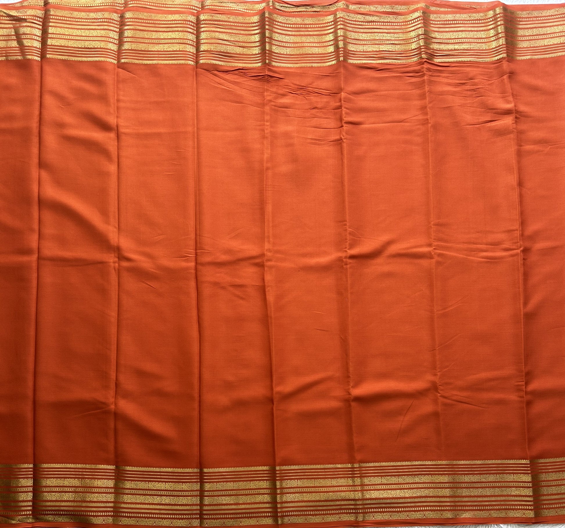 Orange Mysore Crepe Silk Saree with Silver Zari Border | Pure Handloom | Silk Mark Certified - Sampradaya Designer Studio