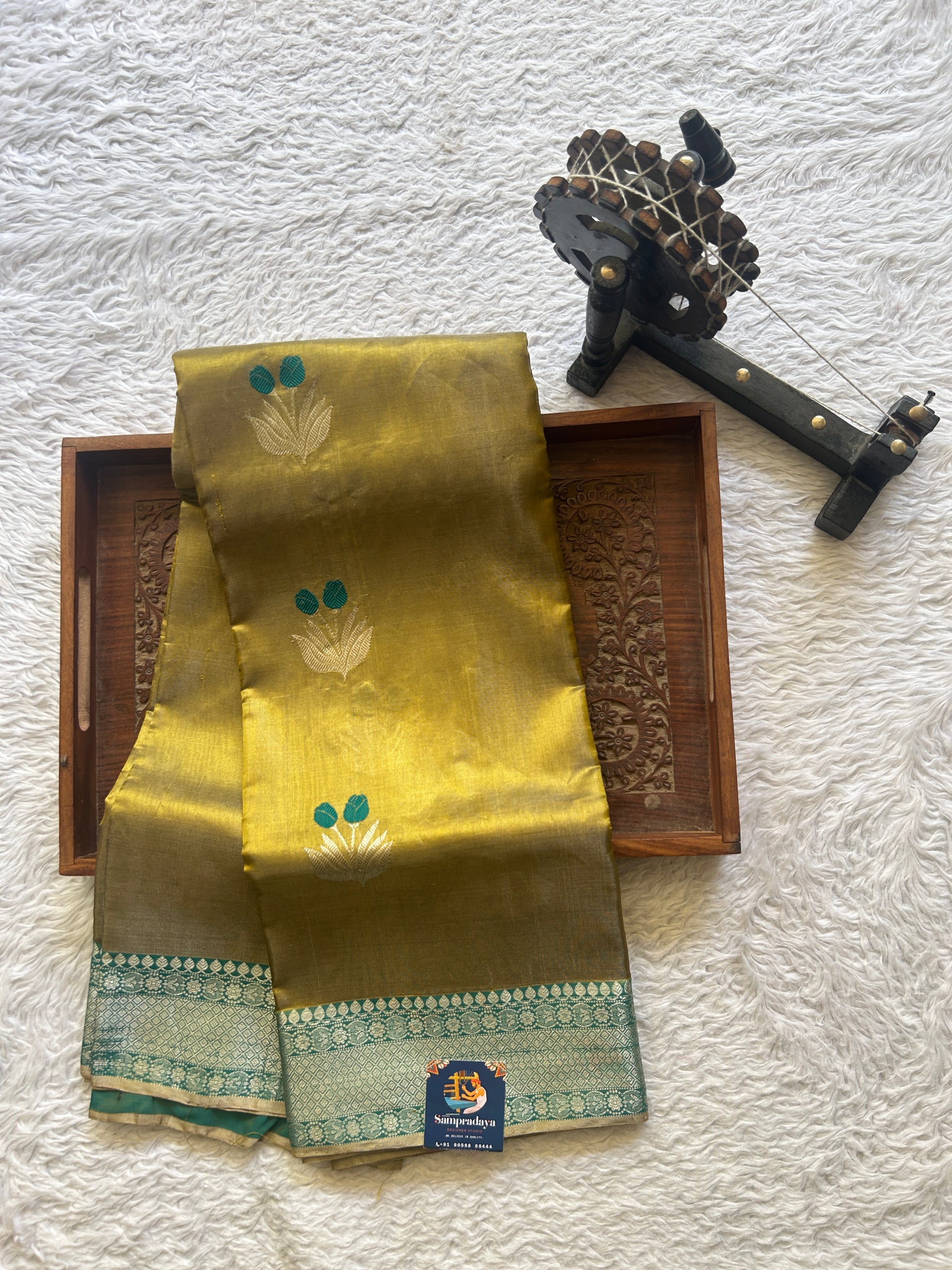 Chanderi Silk Saree Mustard color Elegantly Paired with a Teal Green Zari Weaving border - Sampradaya Designer Studio