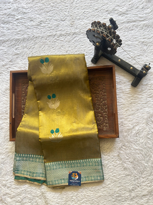 Chanderi Silk Saree Mustard color Elegantly Paired with a Teal Green Zari Weaving border - Sampradaya Designer Studio