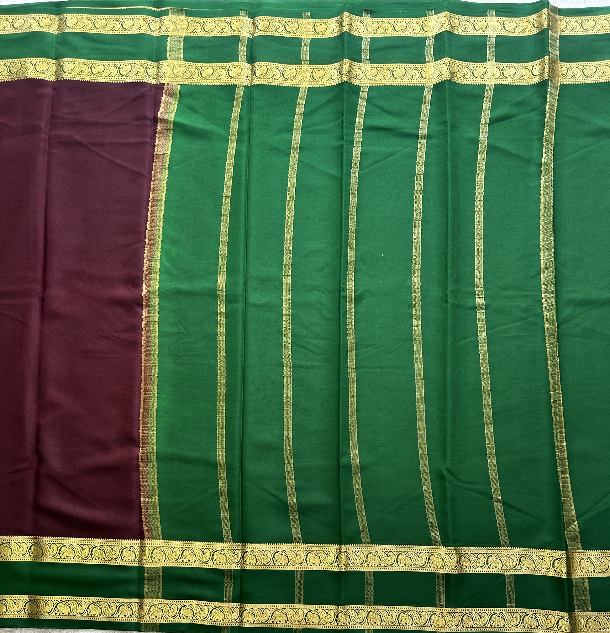 Brown Mysore Crepe Silk Saree with Silver Zari Border | Pure Handloom | Silk Mark Certified - Sampradaya Designer Studio