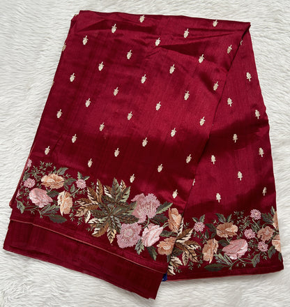 Semi Tussar Designer Saree Wine colored Saree complemented with a Machine Embroidery border. - Sampradaya Designer Studio