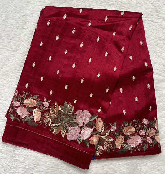 Semi Tussar Designer Saree Wine colored Saree complemented with a Machine Embroidery border. - Sampradaya Designer Studio
