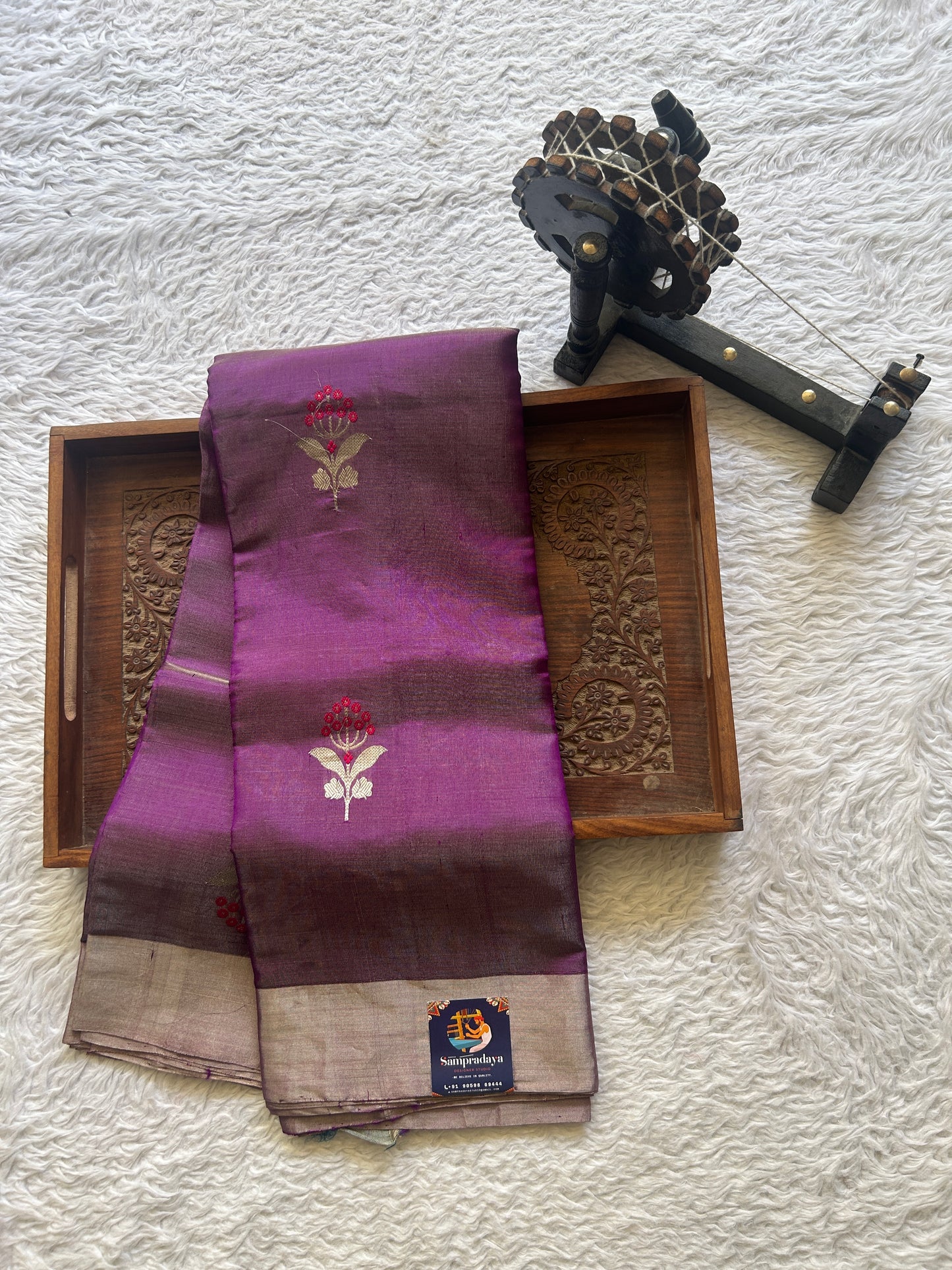Chanderi Silk Saree Purple color Elegantly Paired with a Tissue Zari border - Sampradaya Designer Studio