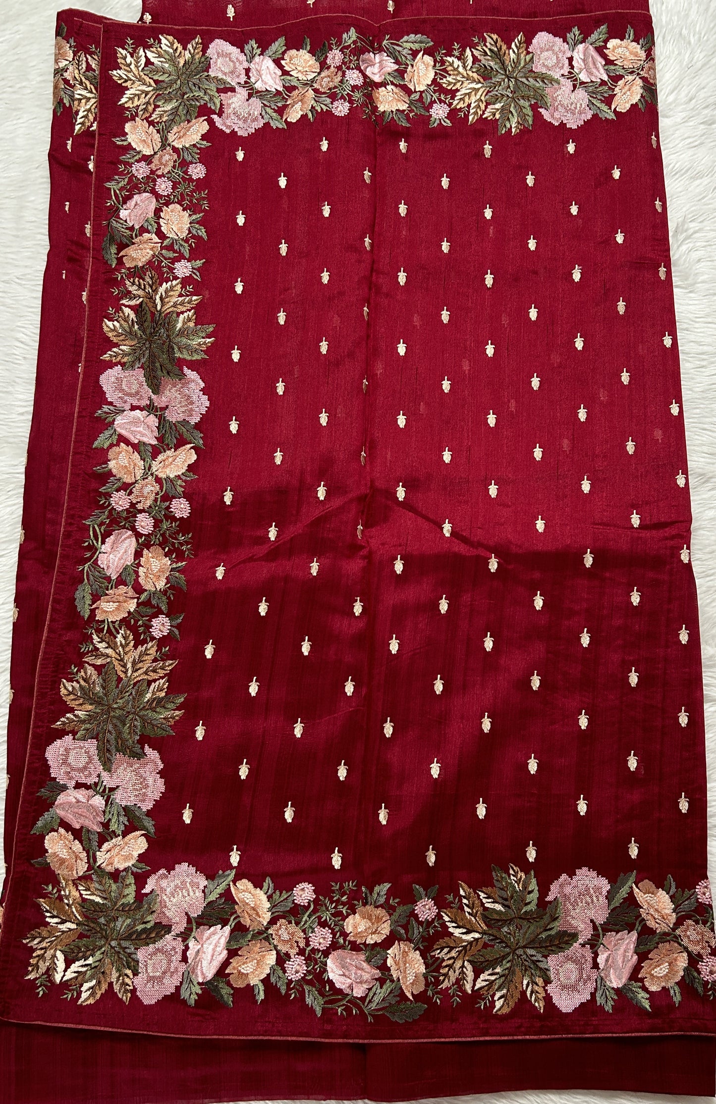 Semi Tussar Designer Saree Wine colored Saree complemented with a Machine Embroidery border. - Sampradaya Designer Studio