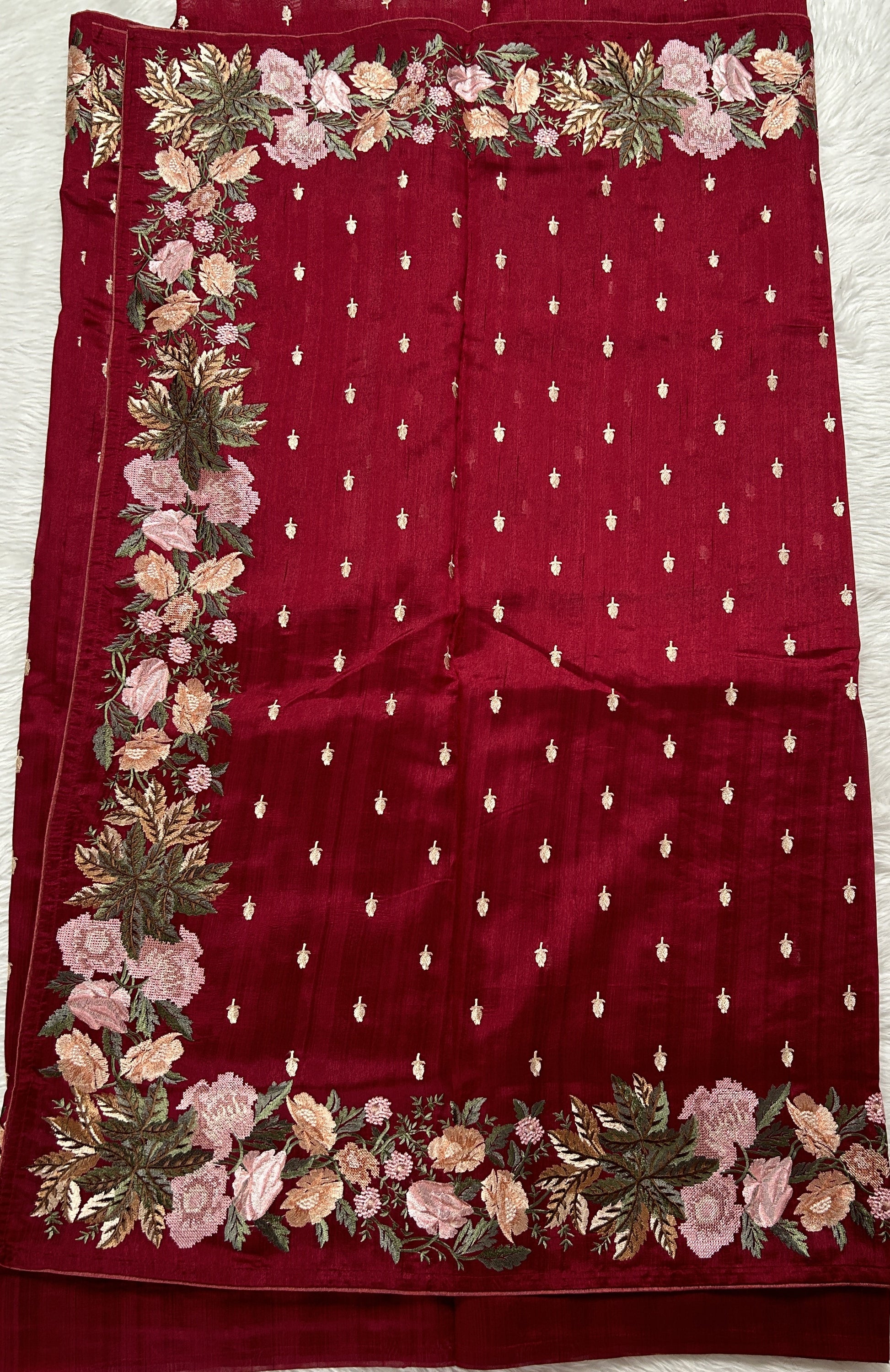 Semi Tussar Designer Saree Wine colored Saree complemented with a Machine Embroidery border. - Sampradaya Designer Studio