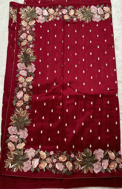 Semi Tussar Designer Saree Wine colored Saree complemented with a Machine Embroidery border. - Sampradaya Designer Studio
