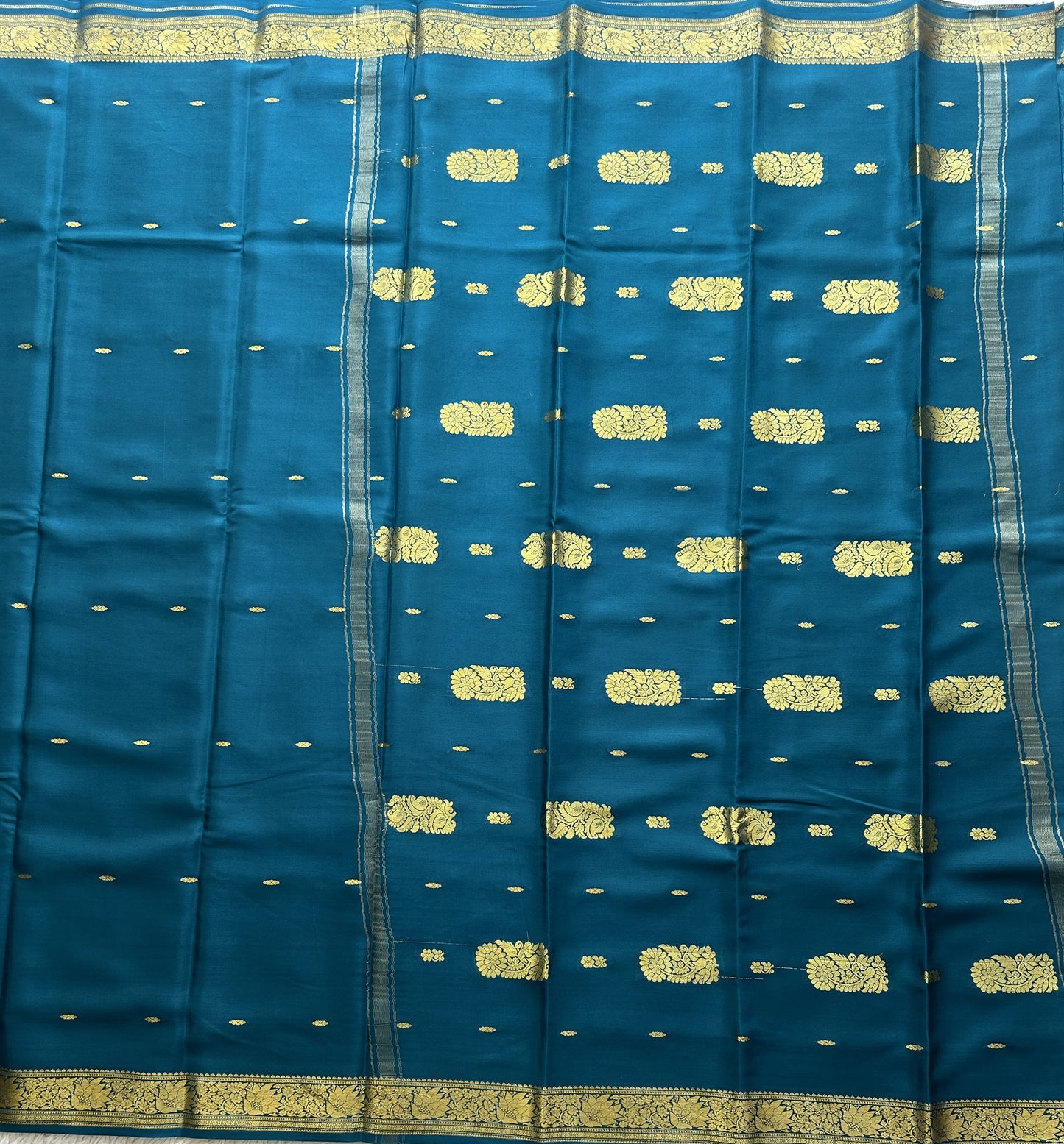 Peacock Blue Mysore Crepe Silk Saree with Silver Zari Border | Pure Handloom | Silk Mark Certified - Sampradaya Designer Studio