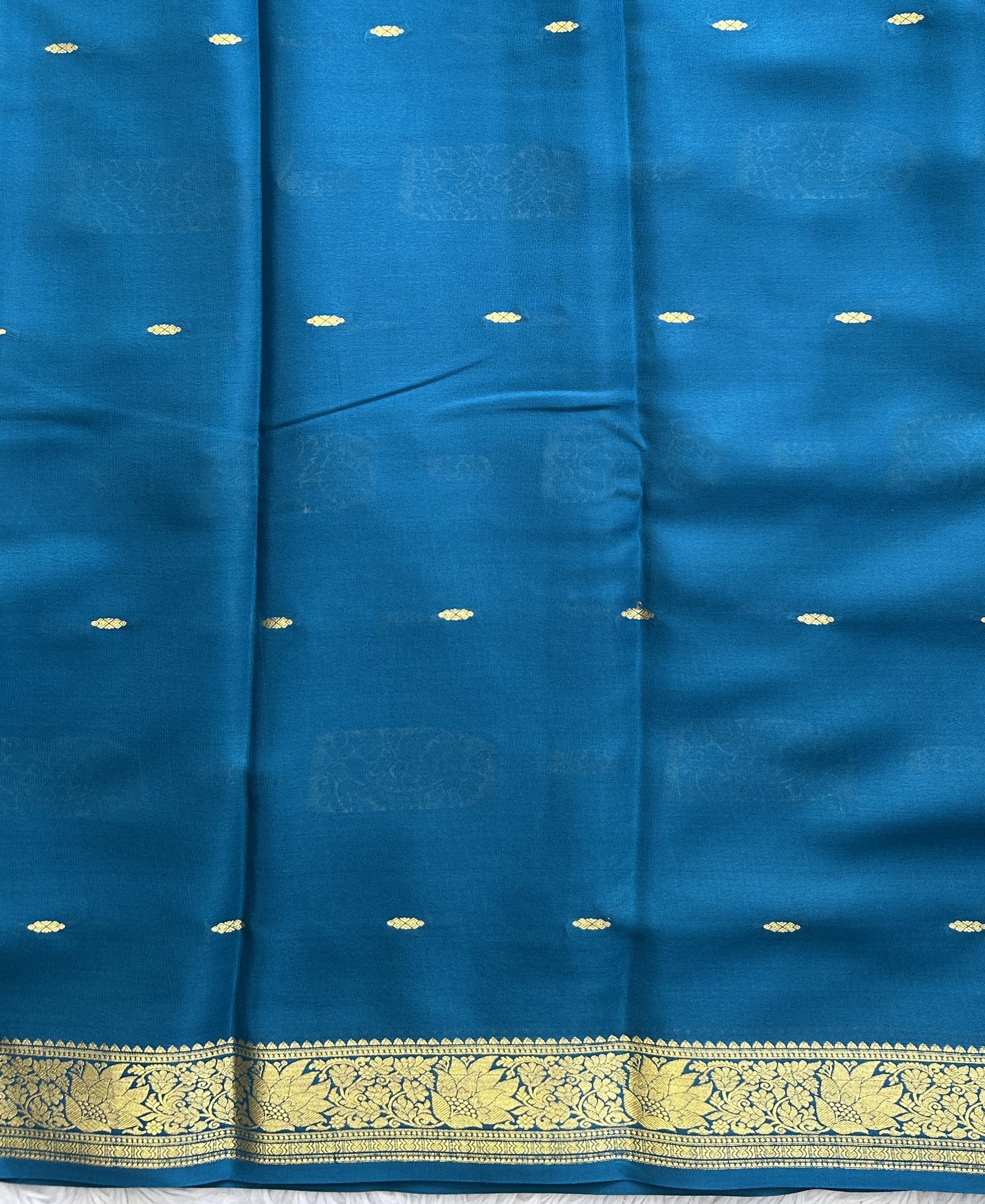 Peacock Blue Mysore Crepe Silk Saree with Silver Zari Border | Pure Handloom | Silk Mark Certified - Sampradaya Designer Studio
