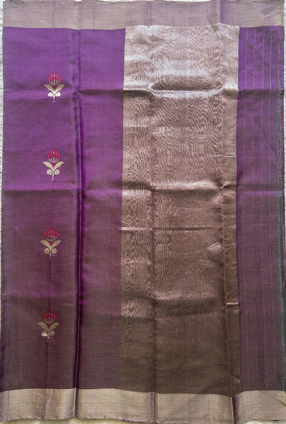 Chanderi Silk Saree Purple color Elegantly Paired with a Tissue Zari border - Sampradaya Designer Studio