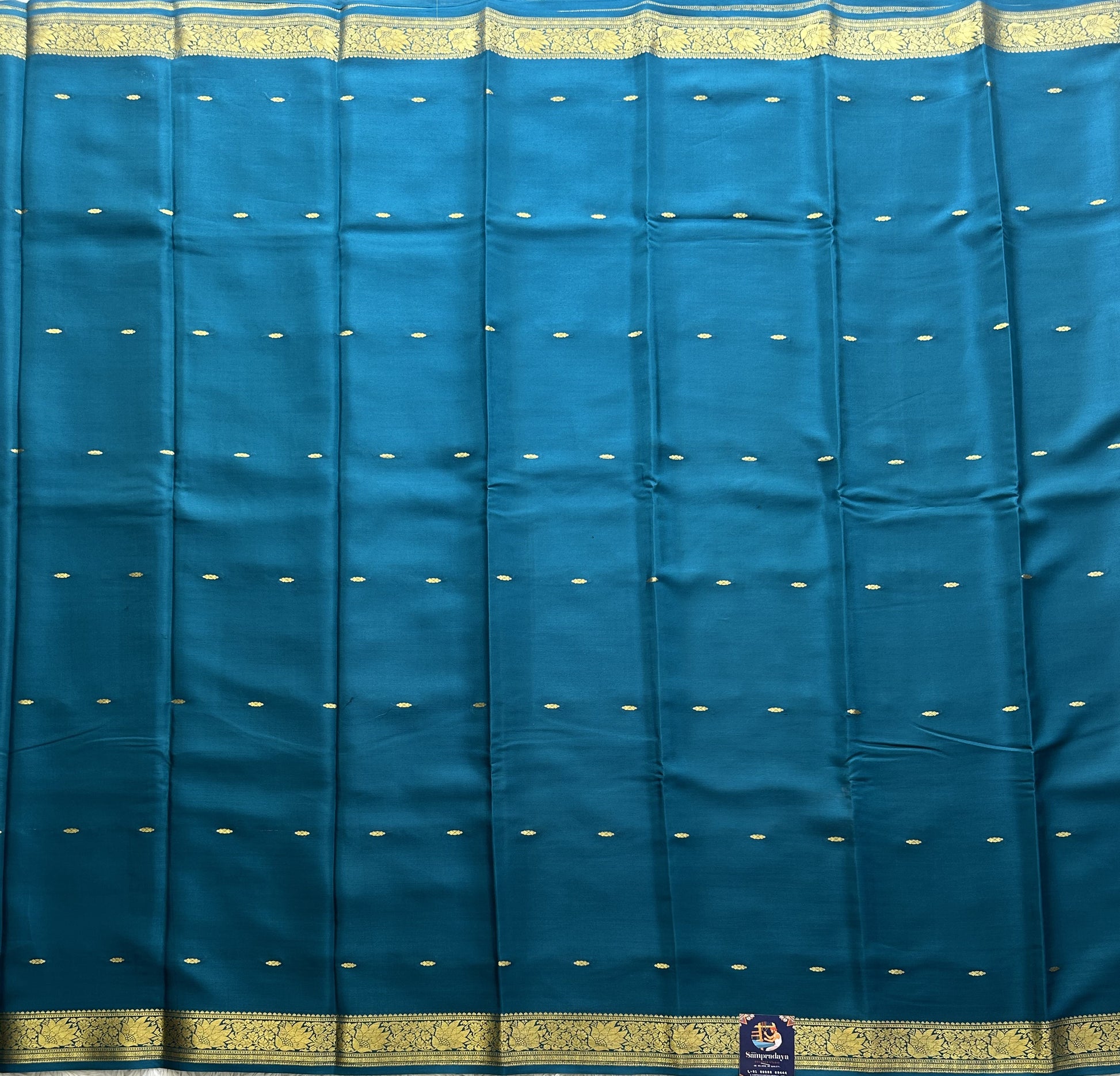 Peacock Blue Mysore Crepe Silk Saree with Silver Zari Border | Pure Handloom | Silk Mark Certified - Sampradaya Designer Studio