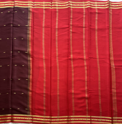 Brown Mysore Crepe Silk Saree with Silver Zari Border | Pure Handloom | Silk Mark Certified