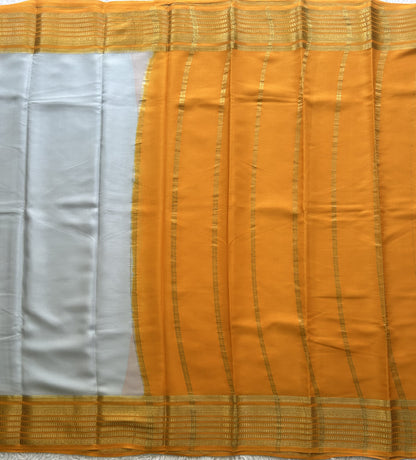 Gray Mysore Crepe Silk Saree with Silver Zari Border | Pure Handloom | Silk Mark Certified