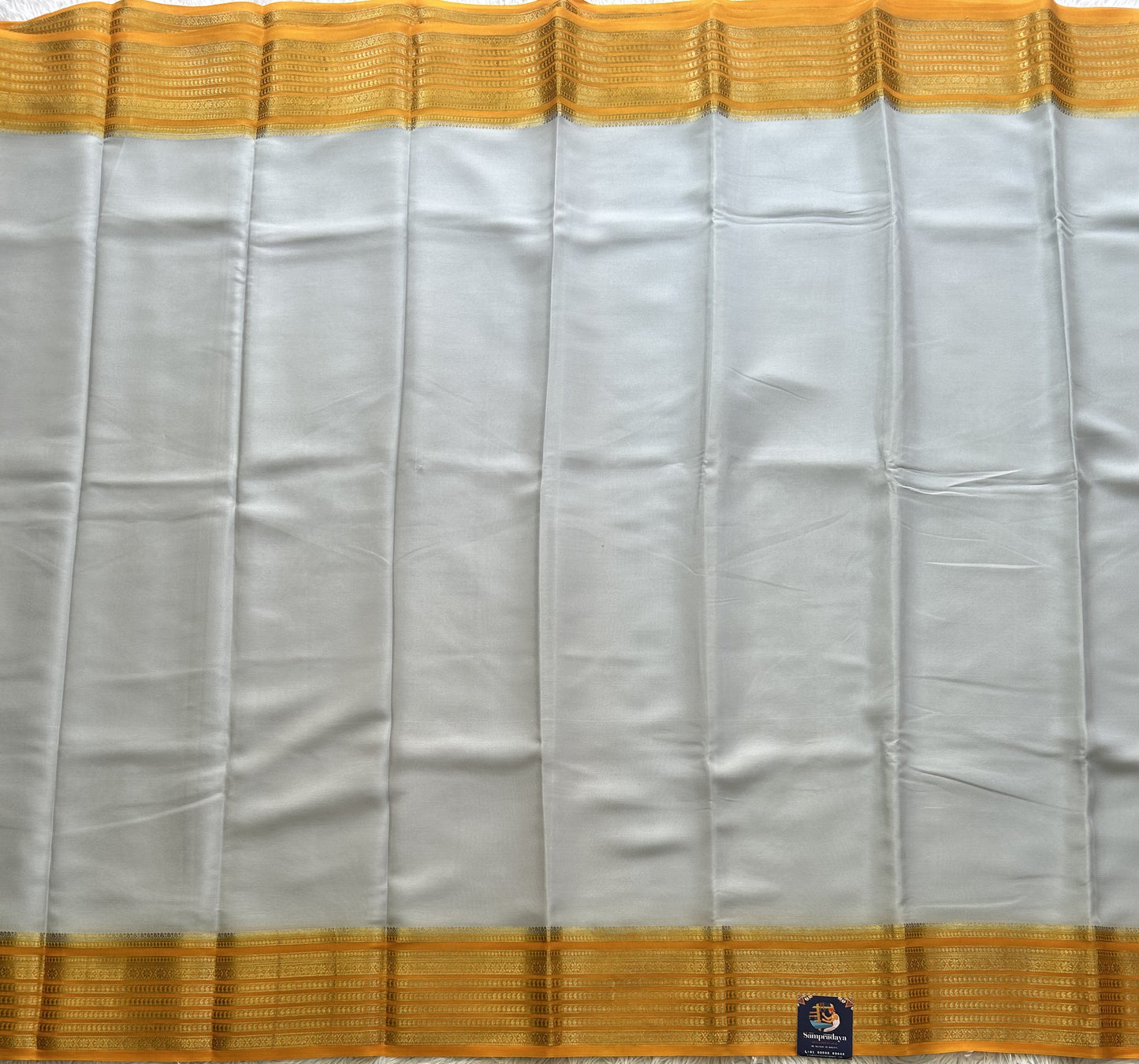 Gray Mysore Crepe Silk Saree with Silver Zari Border | Pure Handloom | Silk Mark Certified