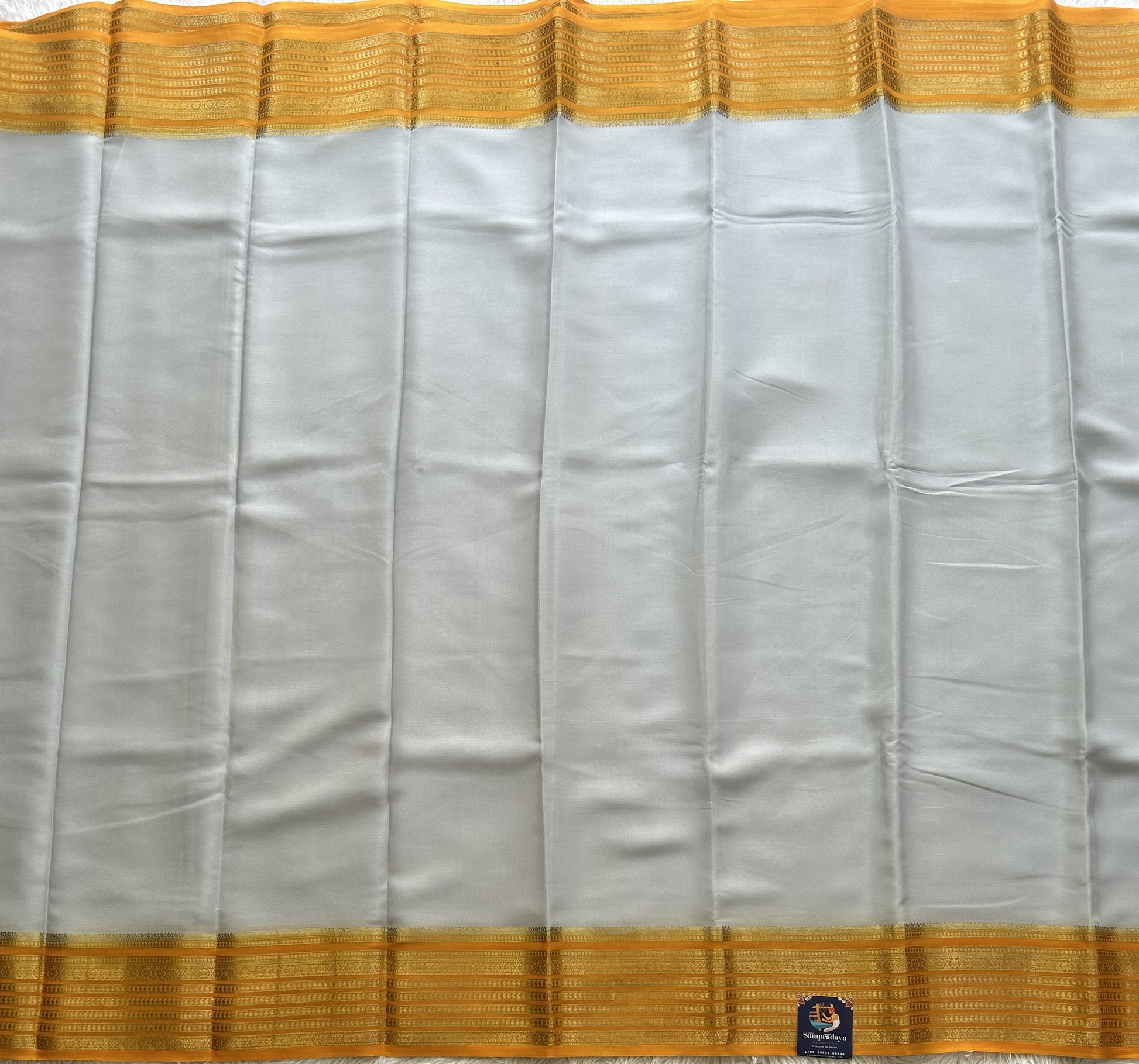 Gray Mysore Crepe Silk Saree with Silver Zari Border | Pure Handloom | Silk Mark Certified - Sampradaya Designer Studio