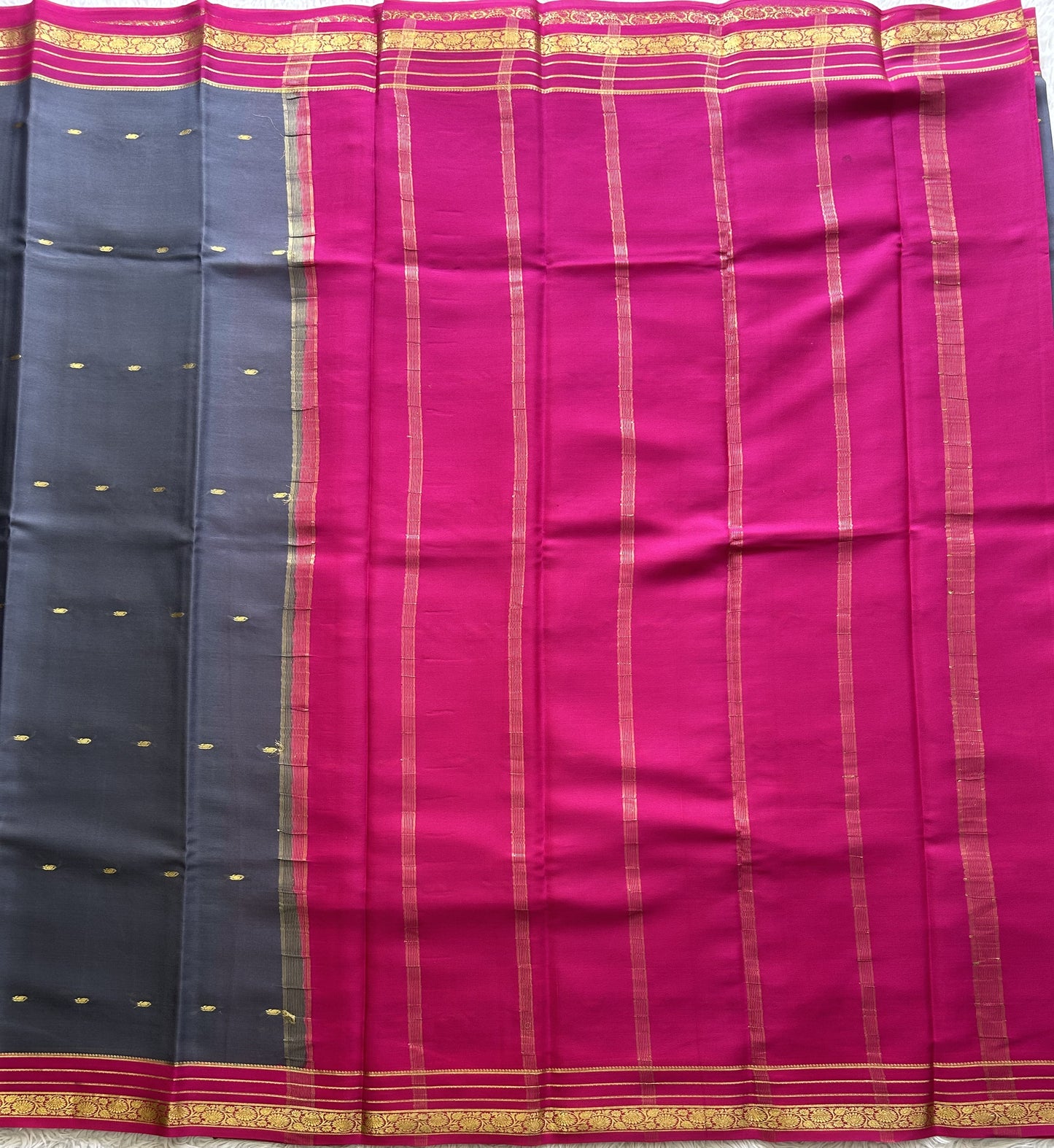 Elephant Gray Mysore Crepe Silk Saree with Silver Zari Border | Pure Handloom | Silk Mark Certified
