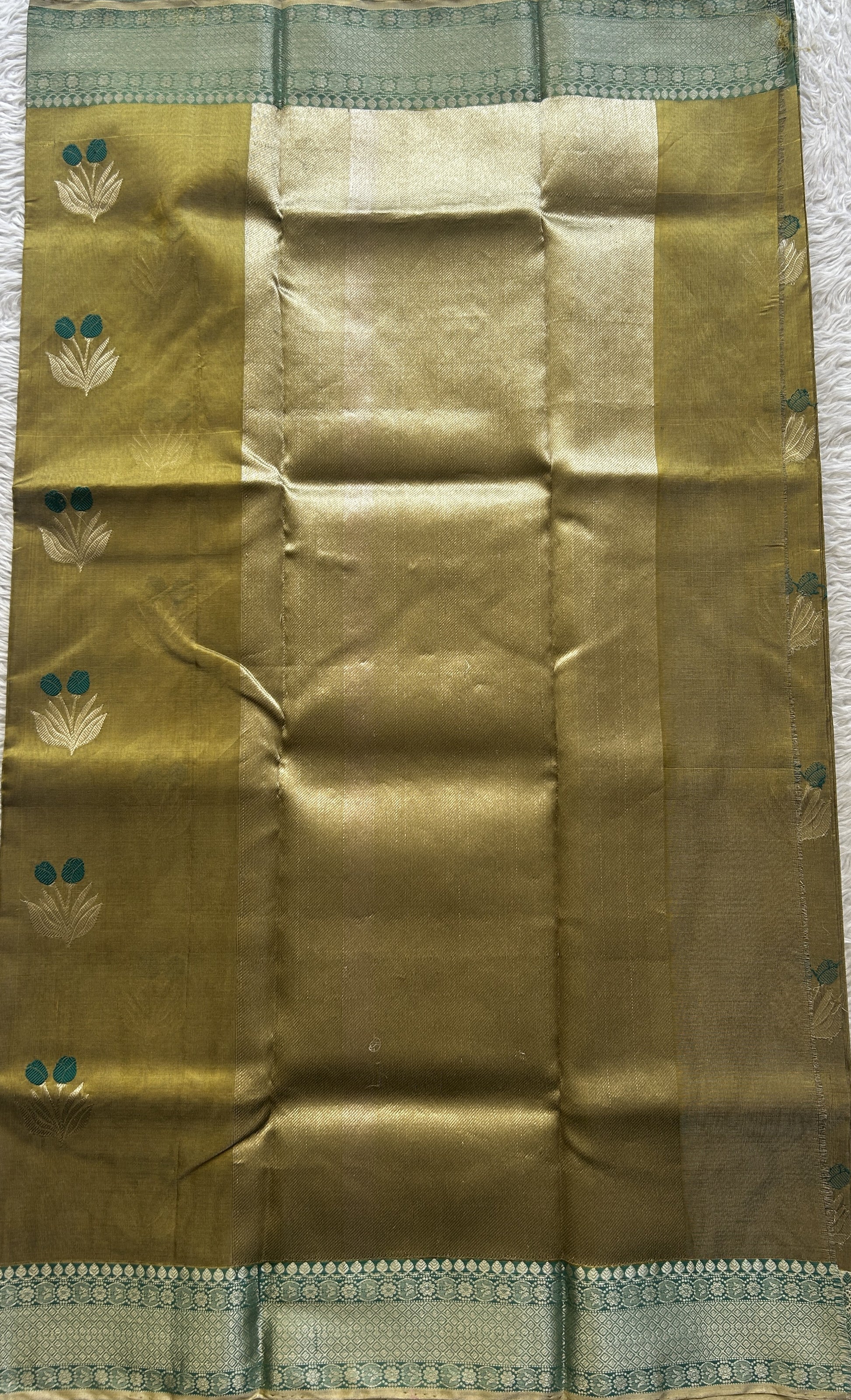 Chanderi Silk Saree Mustard color Elegantly Paired with a Teal Green Zari Weaving border - Sampradaya Designer Studio