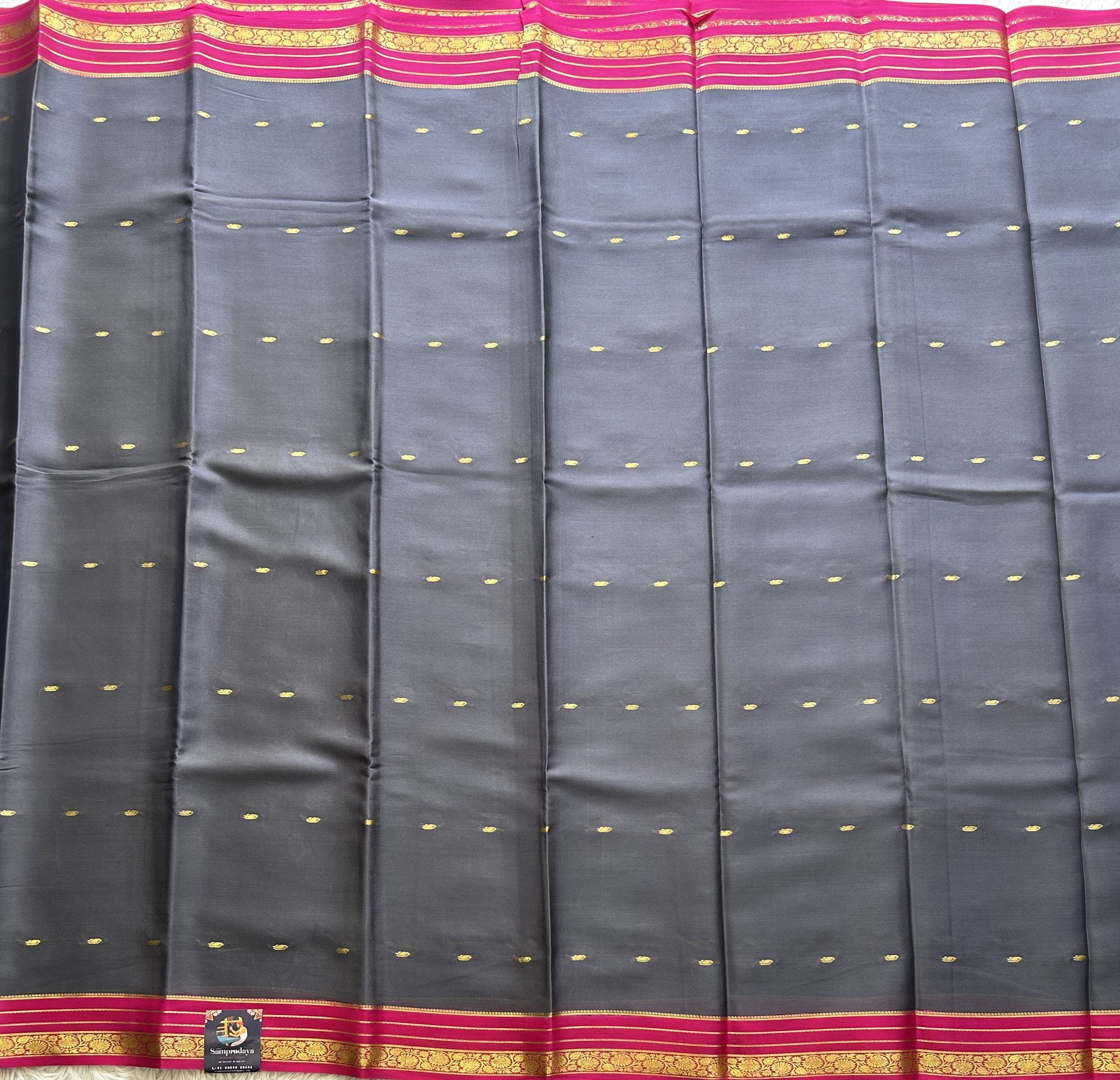 Elephant Gray Mysore Crepe Silk Saree with Silver Zari Border | Pure Handloom | Silk Mark Certified - Sampradaya Designer Studio
