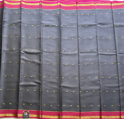 Elephant Gray Mysore Crepe Silk Saree with Silver Zari Border | Pure Handloom | Silk Mark Certified