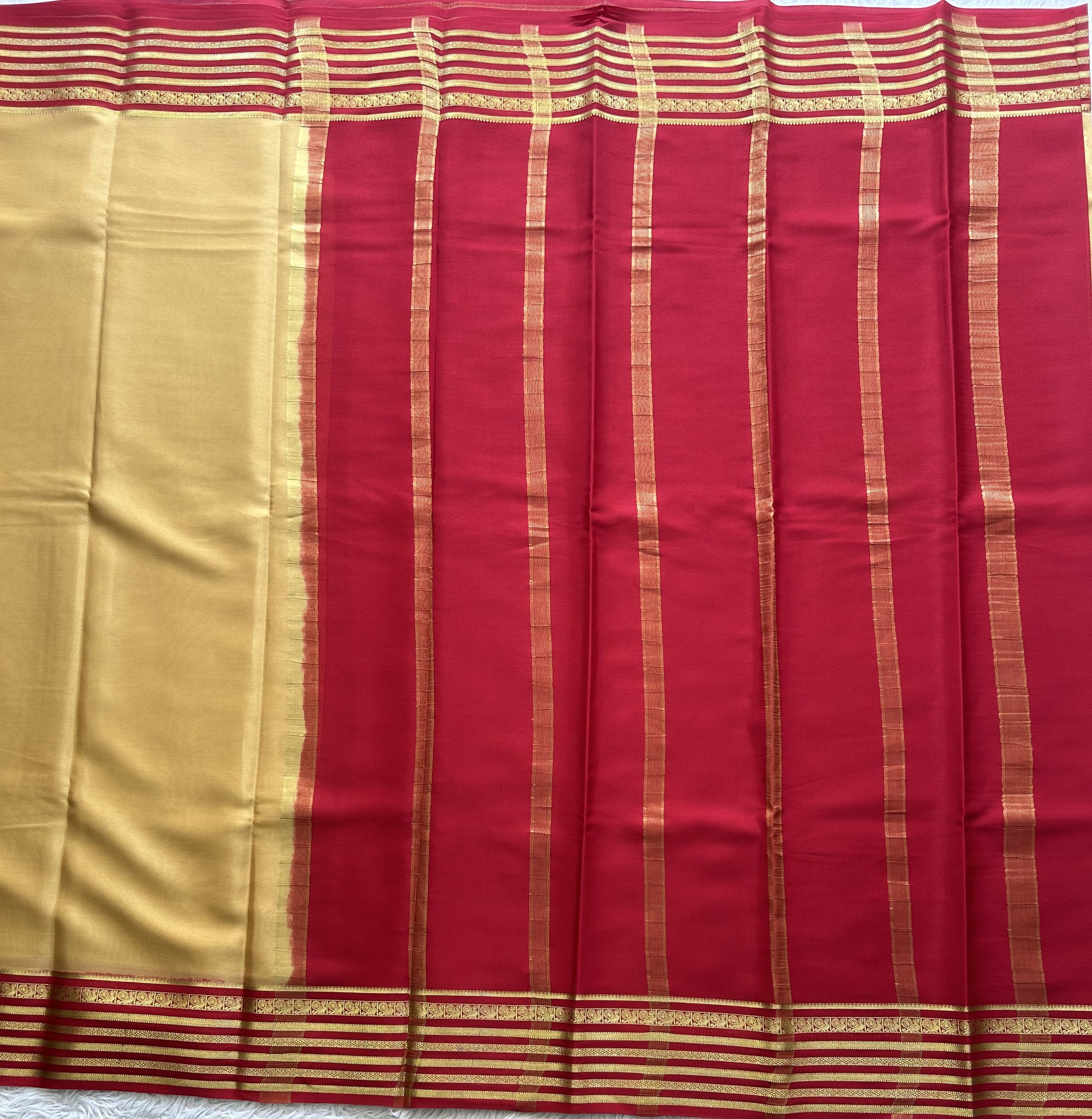 Mustard Yellow Mysore Crepe Silk Saree with Silver Zari Border | Pure Handloom | Silk Mark Certified - Sampradaya Designer Studio