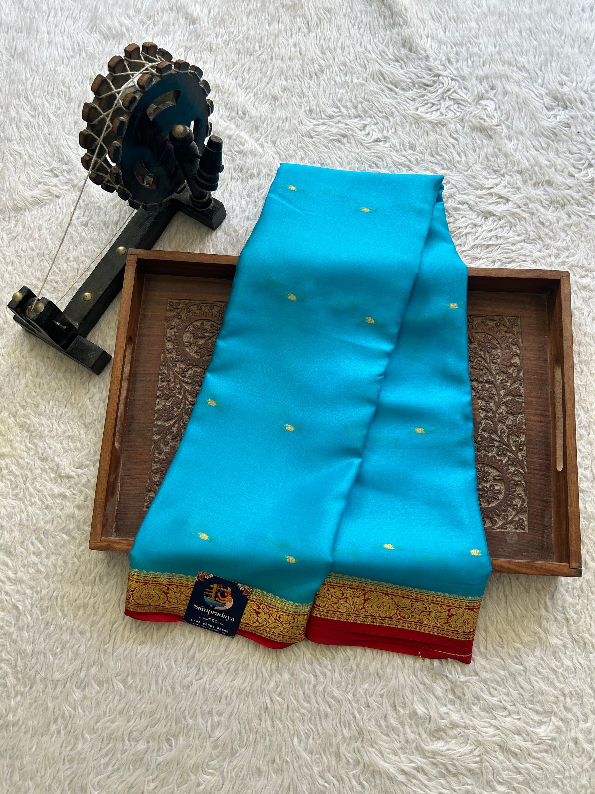 Blue Mysore Crepe Silk Saree with Silver Zari Border | Pure Handloom | Silk Mark Certified - Sampradaya Designer Studio