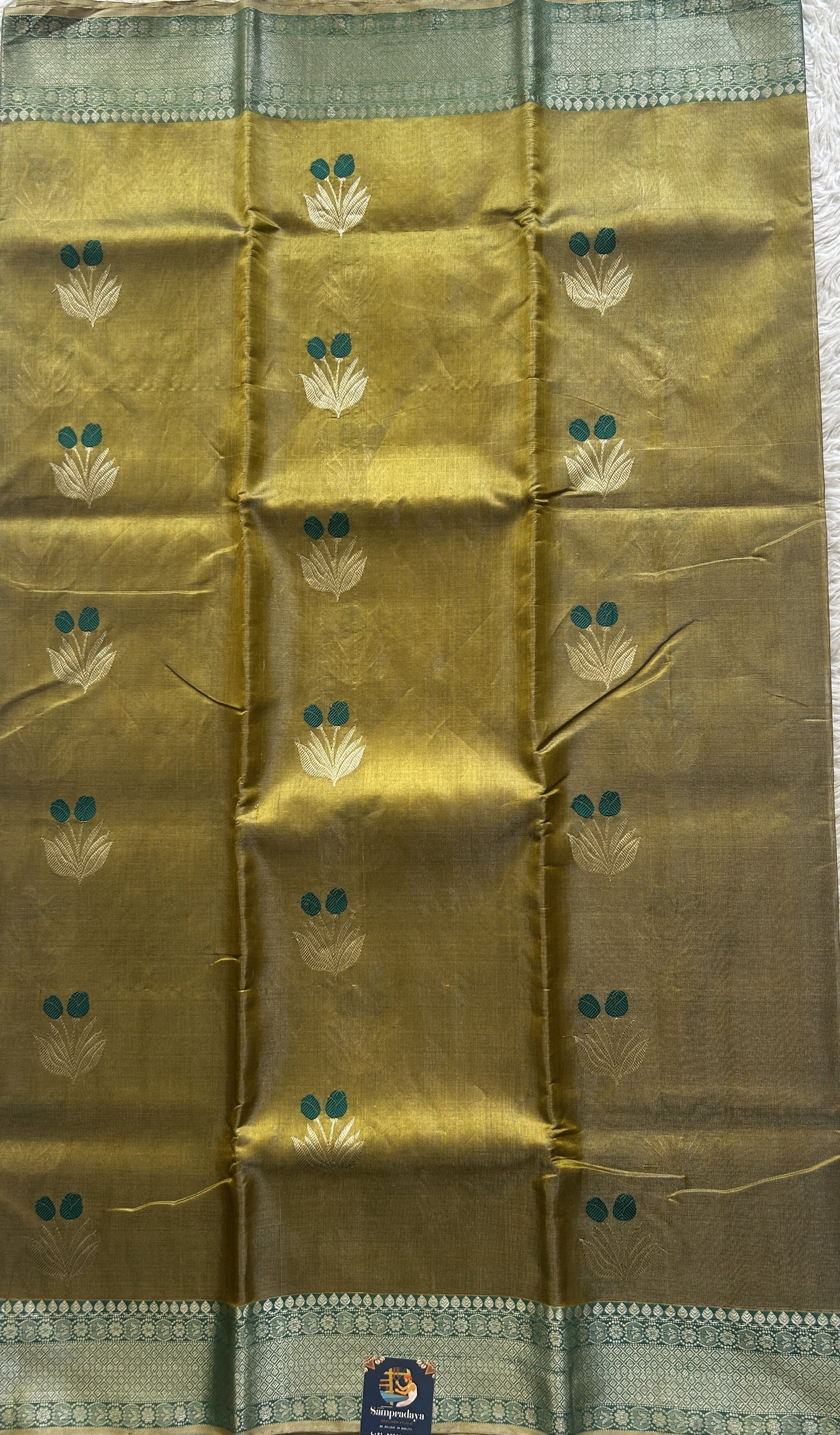 Chanderi Silk Saree Mustard color Elegantly Paired with a Teal Green Zari Weaving border - Sampradaya Designer Studio
