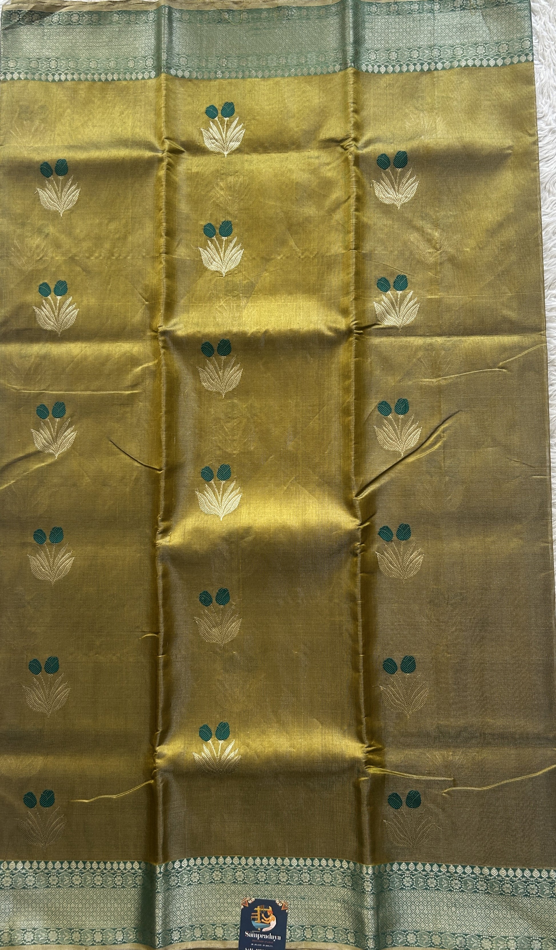 Chanderi Silk Saree Mustard color Elegantly Paired with a Teal Green Zari Weaving border - Sampradaya Designer Studio