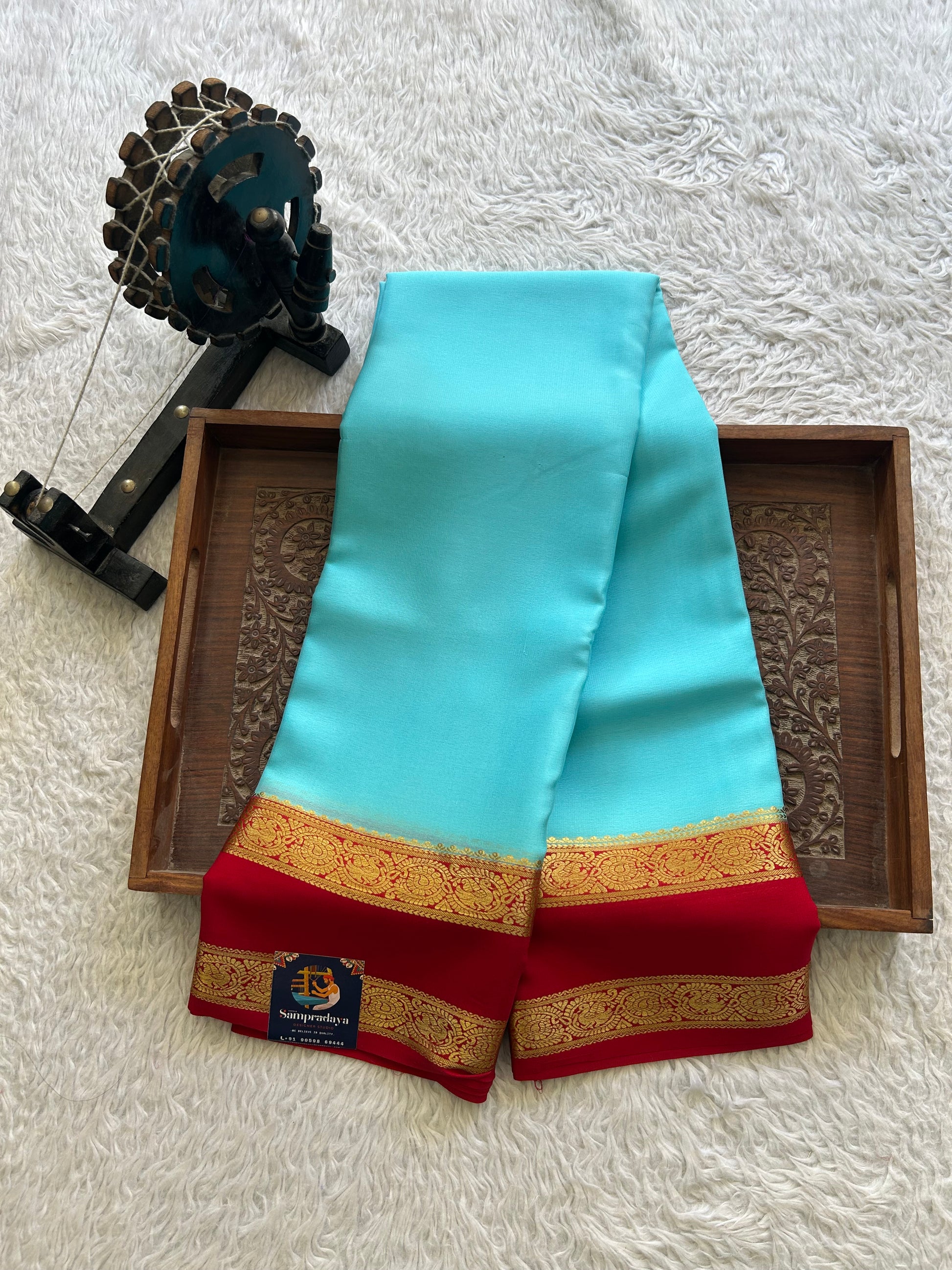 Sky Blue Mysore Crepe Silk Saree with Silver Zari Border | Pure Handloom | Silk Mark Certified - Sampradaya Designer Studio