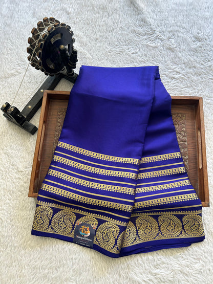 Navy Blue Mysore Crepe Silk Saree with Silver Zari Border | Pure Handloom | Silk Mark Certified - Sampradaya Designer Studio