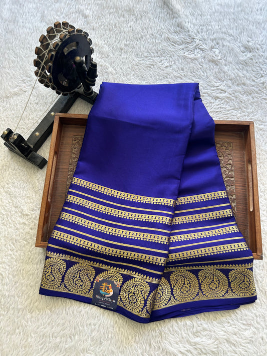 Navy Blue Mysore Crepe Silk Saree with Silver Zari Border | Pure Handloom | Silk Mark Certified - Sampradaya Designer Studio