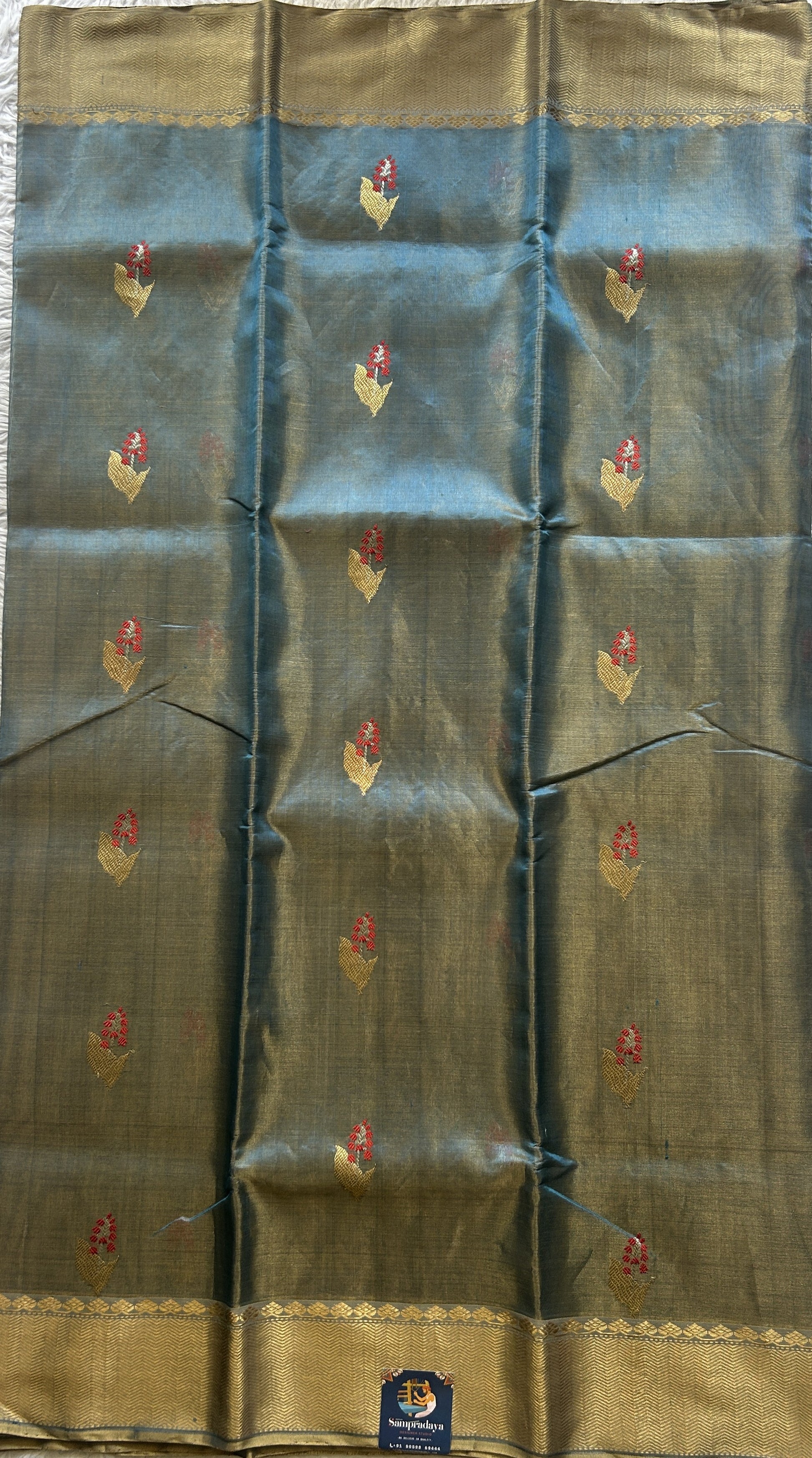 Chanderi Silk Saree Surf Blue color Elegantly Paired with a Gold Zari Weaving border - Sampradaya Designer Studio