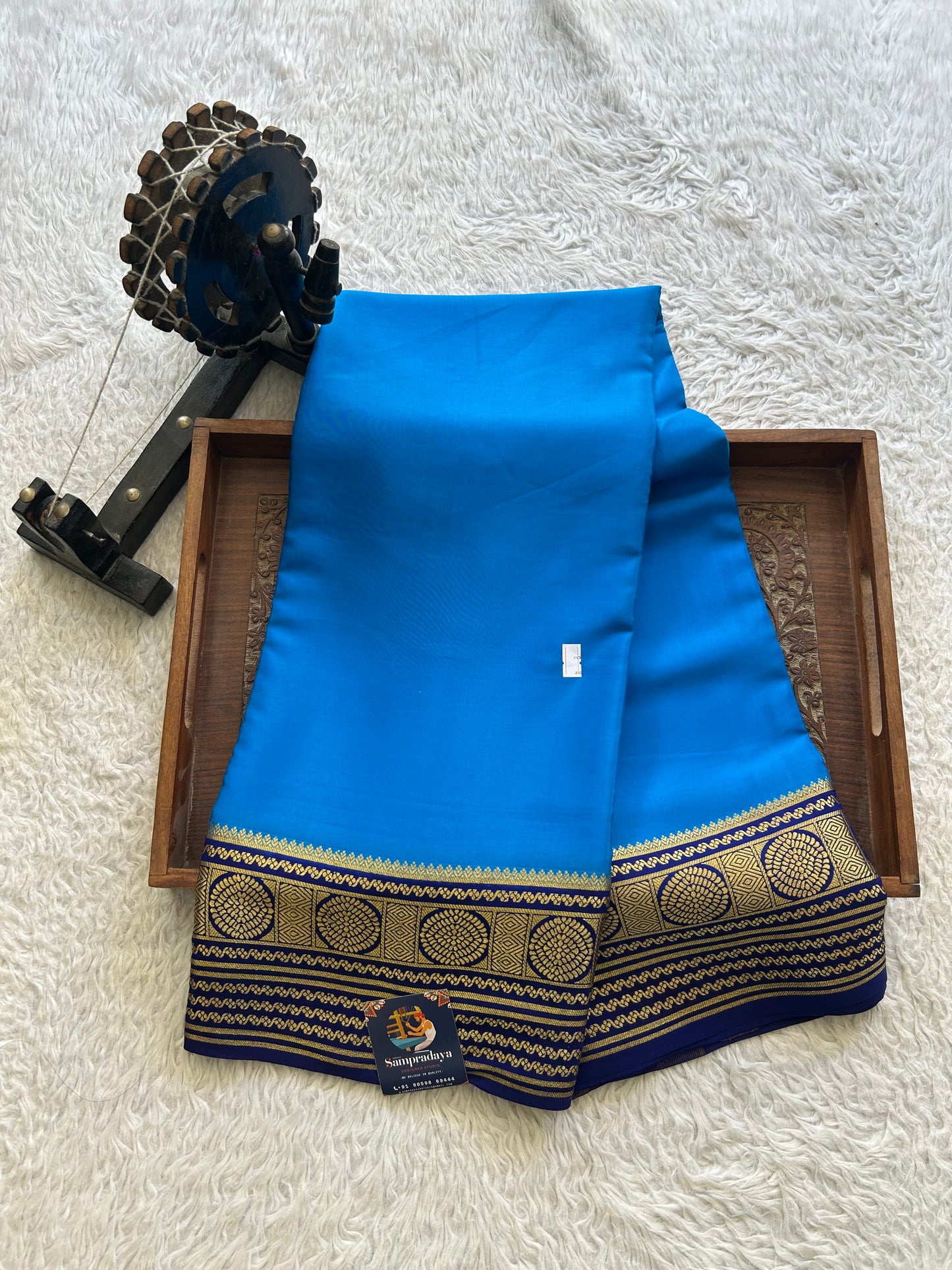 Blue Mysore Crepe Silk Saree with Silver Zari Border | Pure Handloom | Silk Mark Certified - Sampradaya Designer Studio