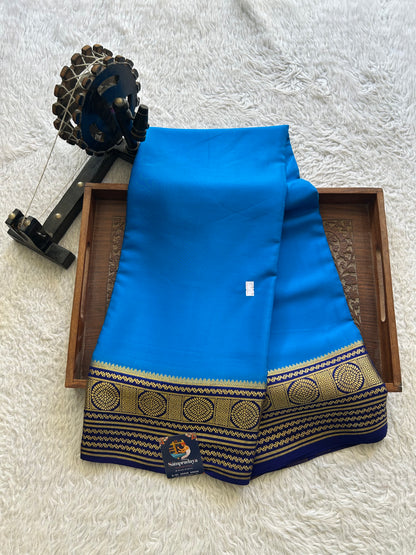 Blue Mysore Crepe Silk Saree with Silver Zari Border | Pure Handloom | Silk Mark Certified - Sampradaya Designer Studio